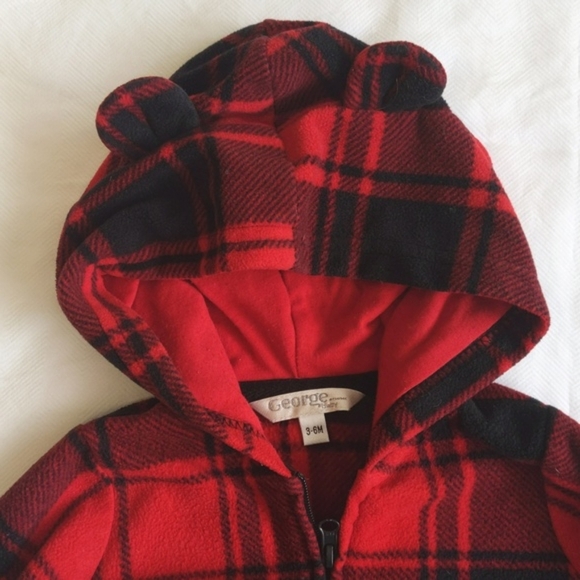 george red plaid fleece zipper jumpsuit with hood 3-6 months baby unisex - Picture 2 of 7